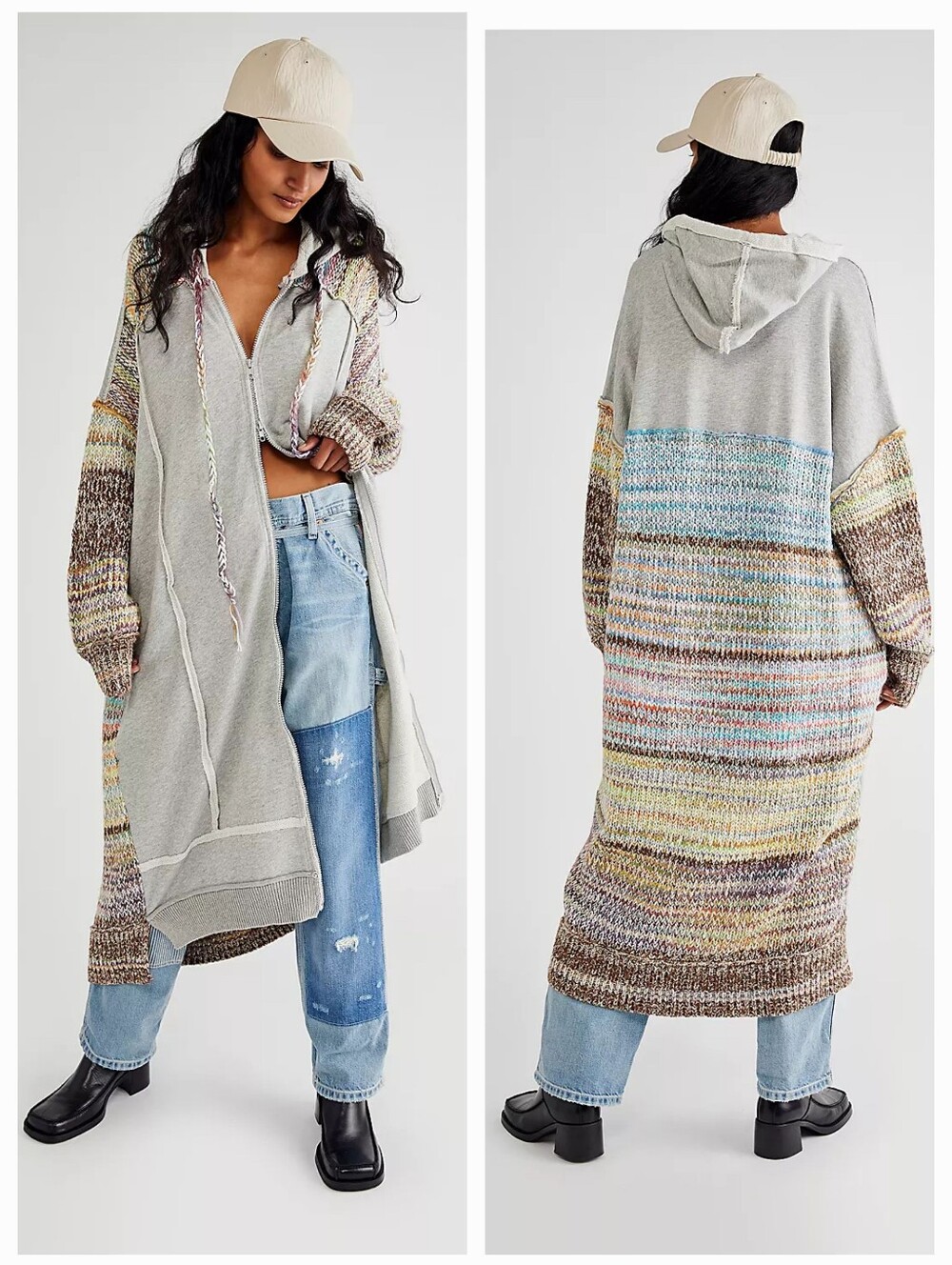 Free People SMILES Mixed Media Cardian Sweatshirt Hoodie W/sweater Knit